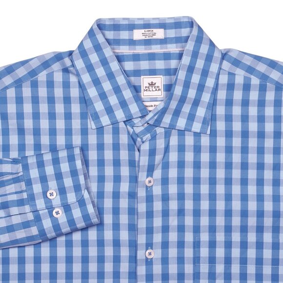 Peter Millar Shirt Blue Plaid Cotton Seaside Finish Men Sz L - Picture 1 of 10